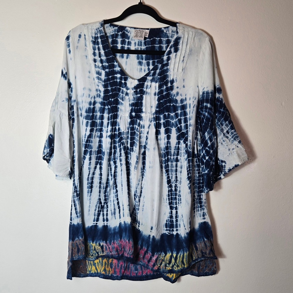 Parsley & Sage Blue White Tie Dye Tunic‎ Top Pintuck Flutter Sleeve Womens Large